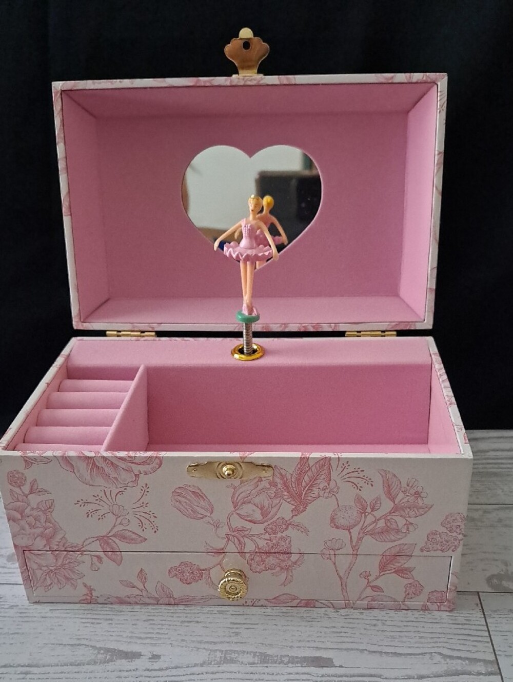 Floral Pink Jewelry Box Musical Animated With Ballerina Gold Hardware Accents